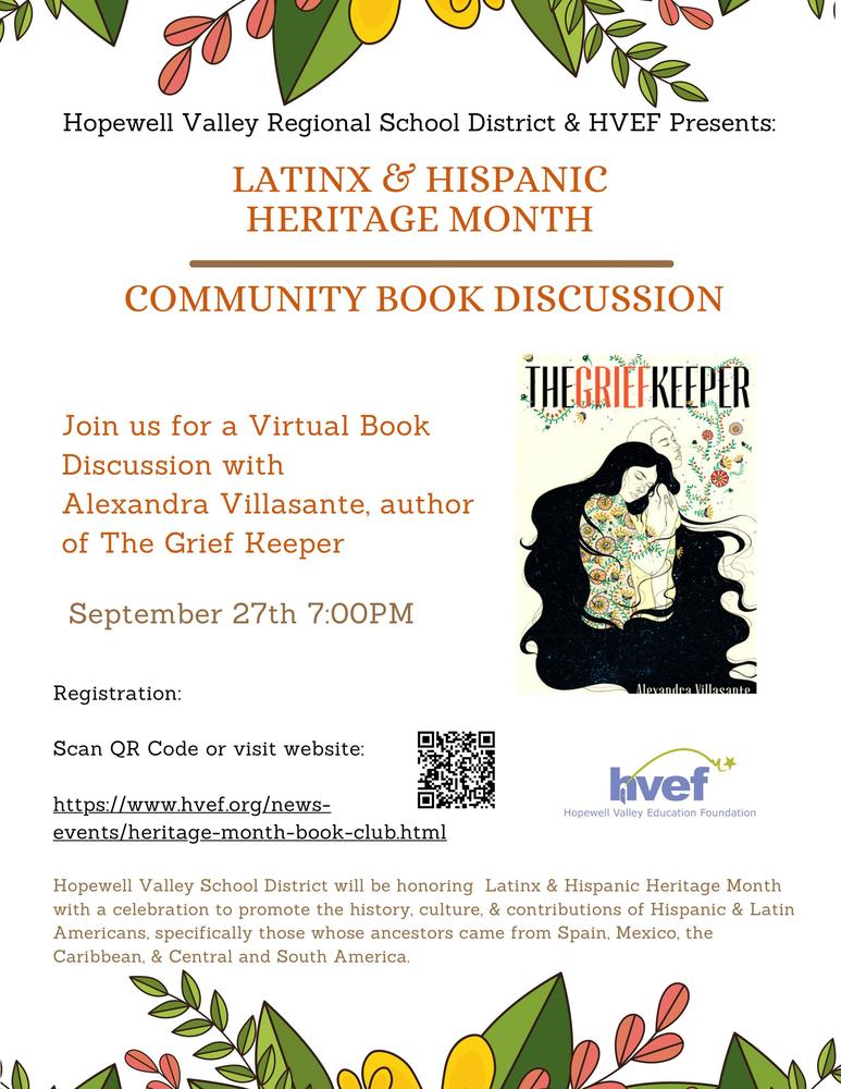 Flyer for Latinx & Hispanic Heritage Month Community Book Discussion